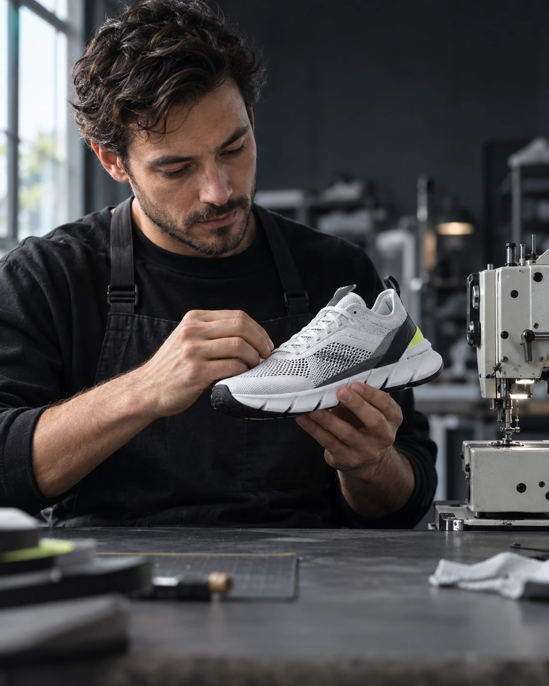 Illustrative scene of a technician checking the stitching of a modern sneaker at a workbench