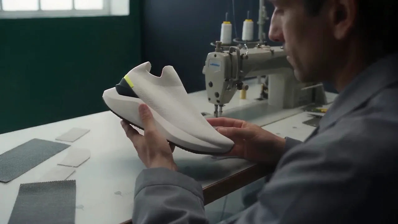 A technician inspecting a sneaker at a footwear workbench